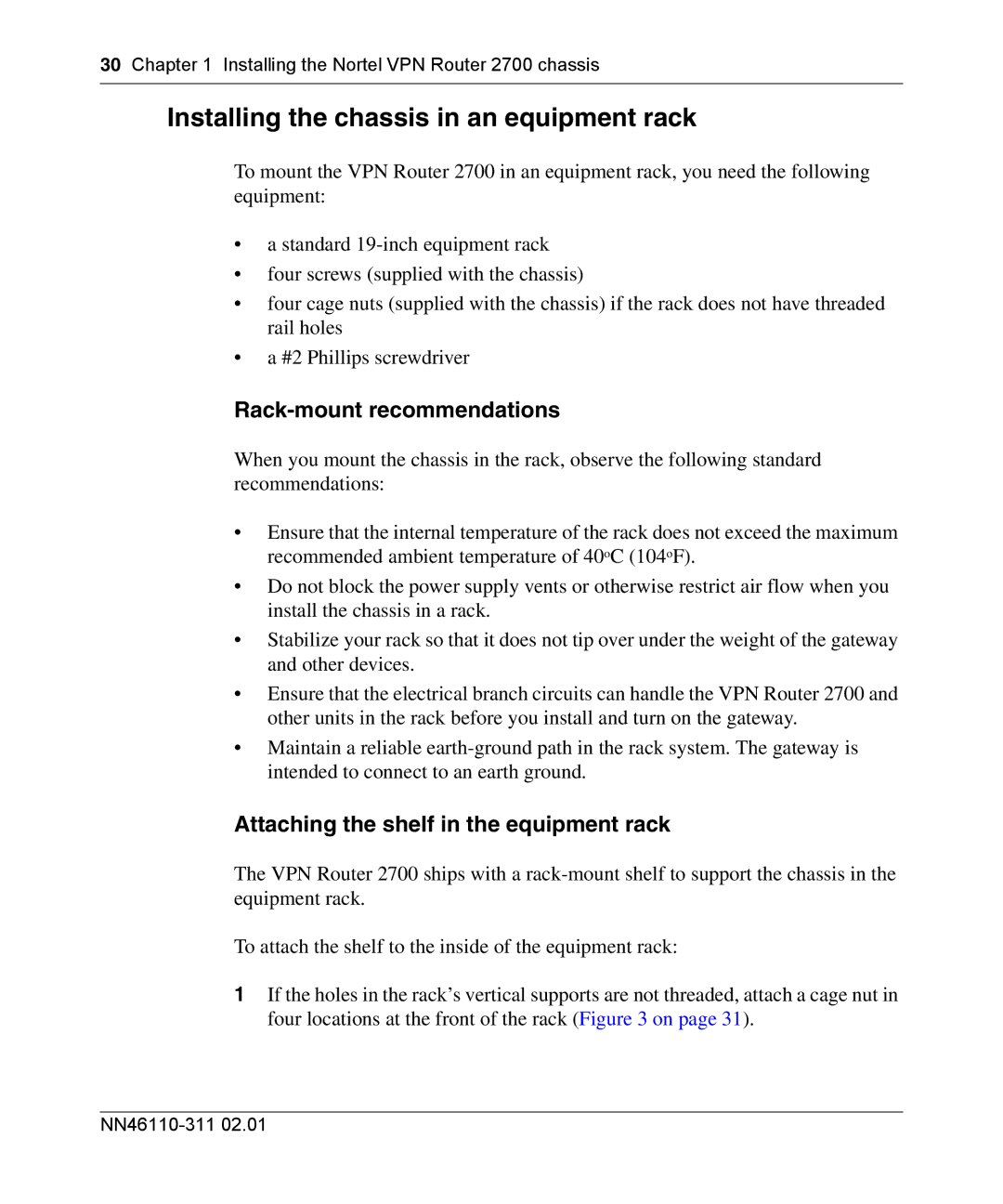 Nortel Networks 2700 manual Installing the chassis in an equipment rack, Rack-mount recommendations 