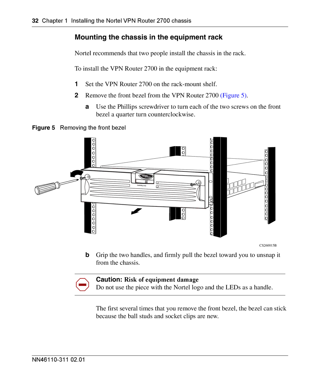 Nortel Networks 2700 manual Mounting the chassis in the equipment rack 