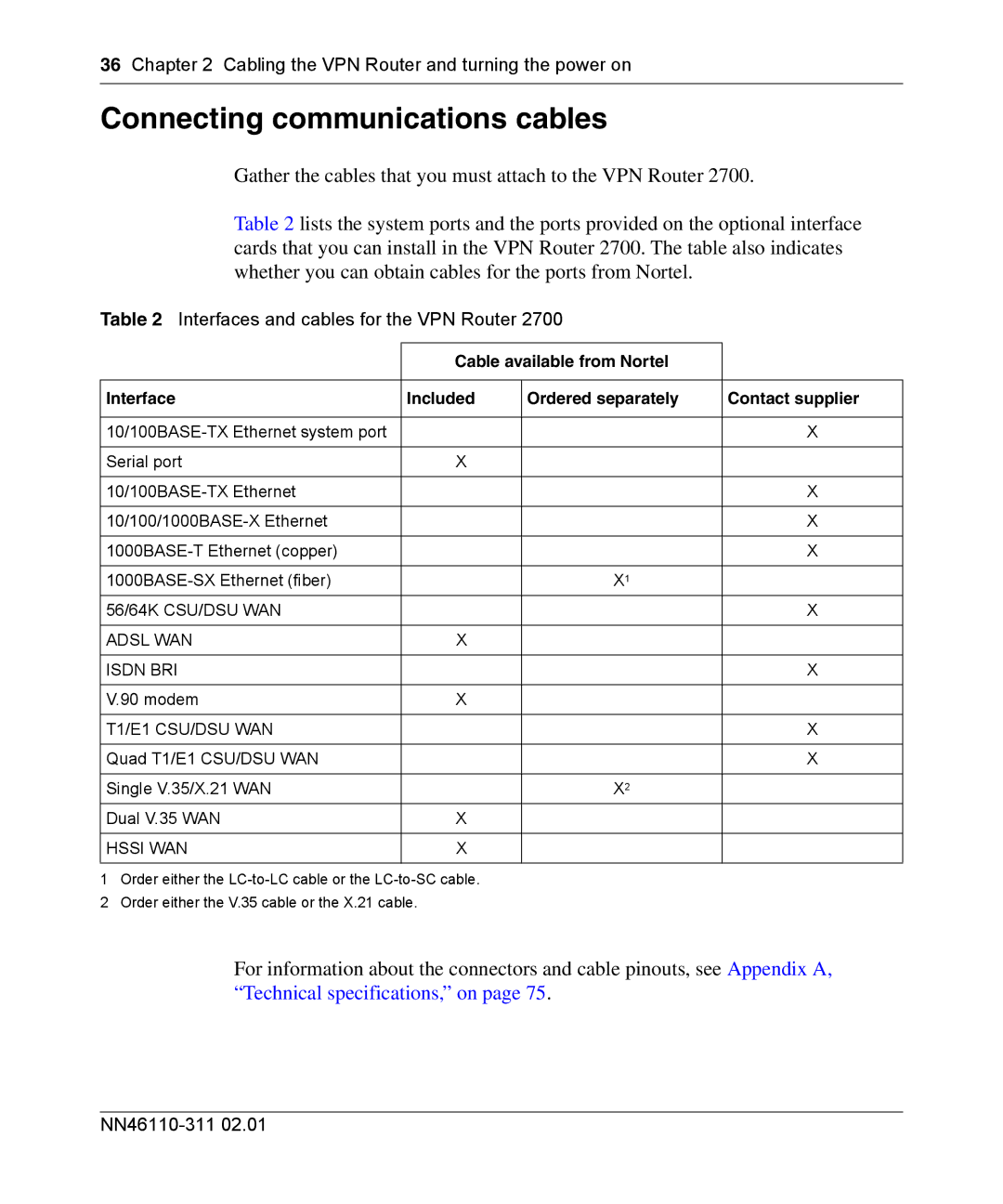 Nortel Networks 2700 manual Connecting communications cables, Cabling the VPN Router and turning the power on 