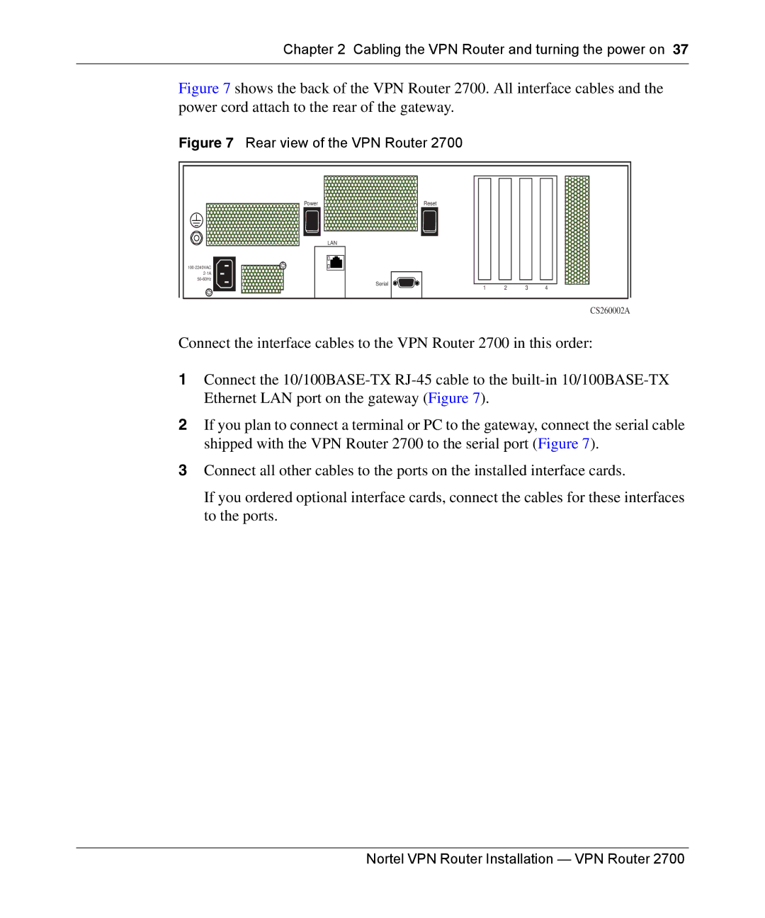 Nortel Networks 2700 manual Rear view of the VPN Router 