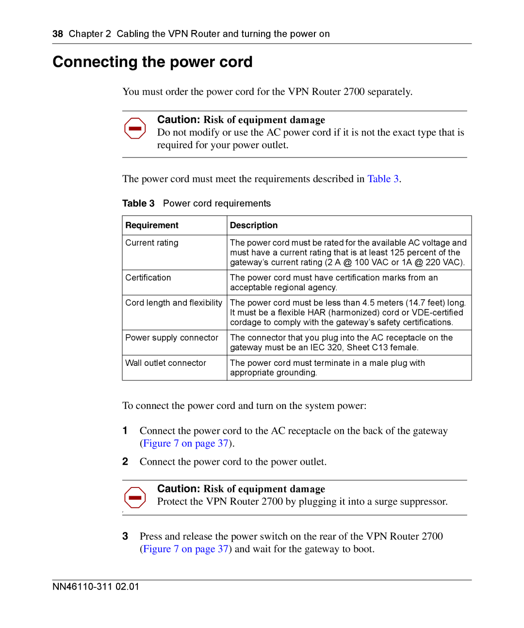 Nortel Networks 2700 manual Connecting the power cord, Power cord requirements, Requirement Description 