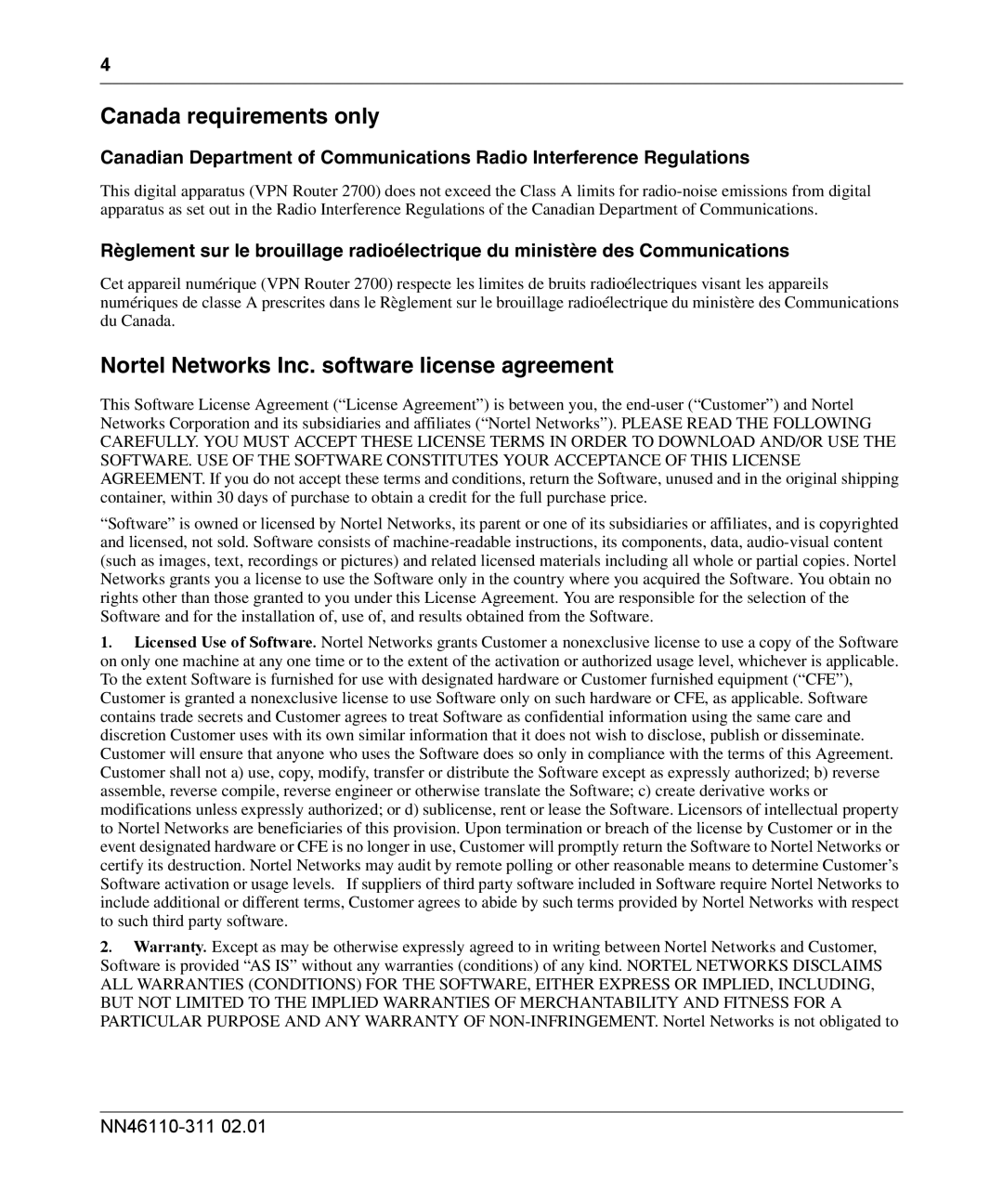 Nortel Networks 2700 manual Canada requirements only 