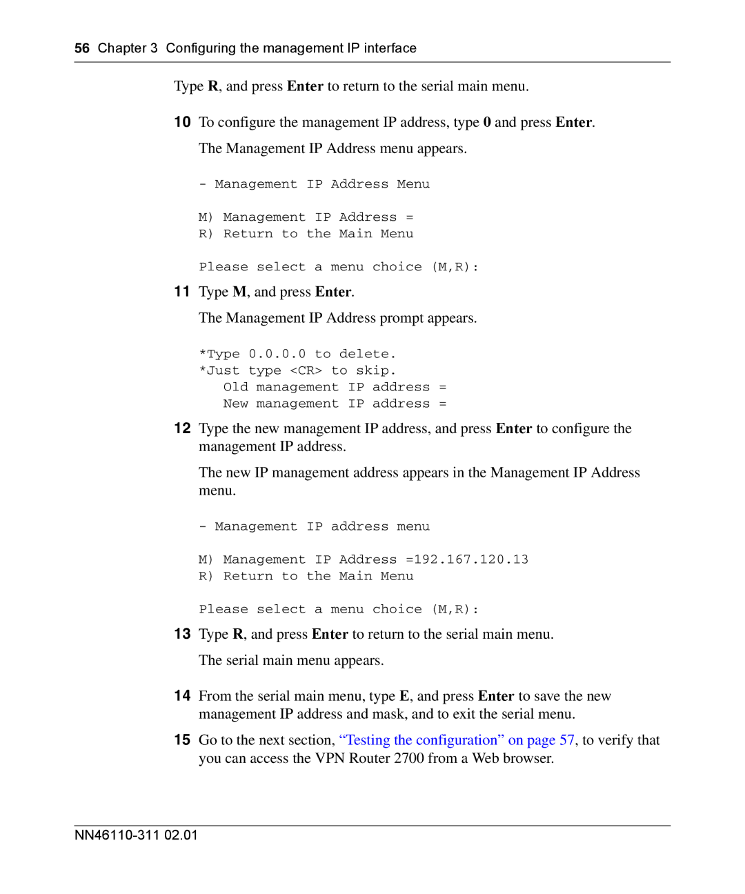 Nortel Networks 2700 manual Type M, and press Enter Management IP Address prompt appears 