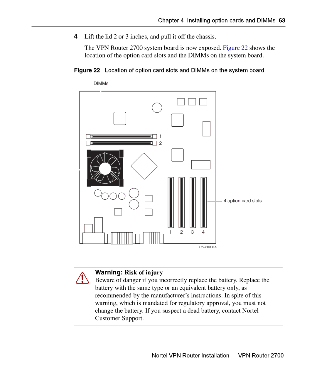 Nortel Networks 2700 manual Location of option card slots and DIMMs on the system board 