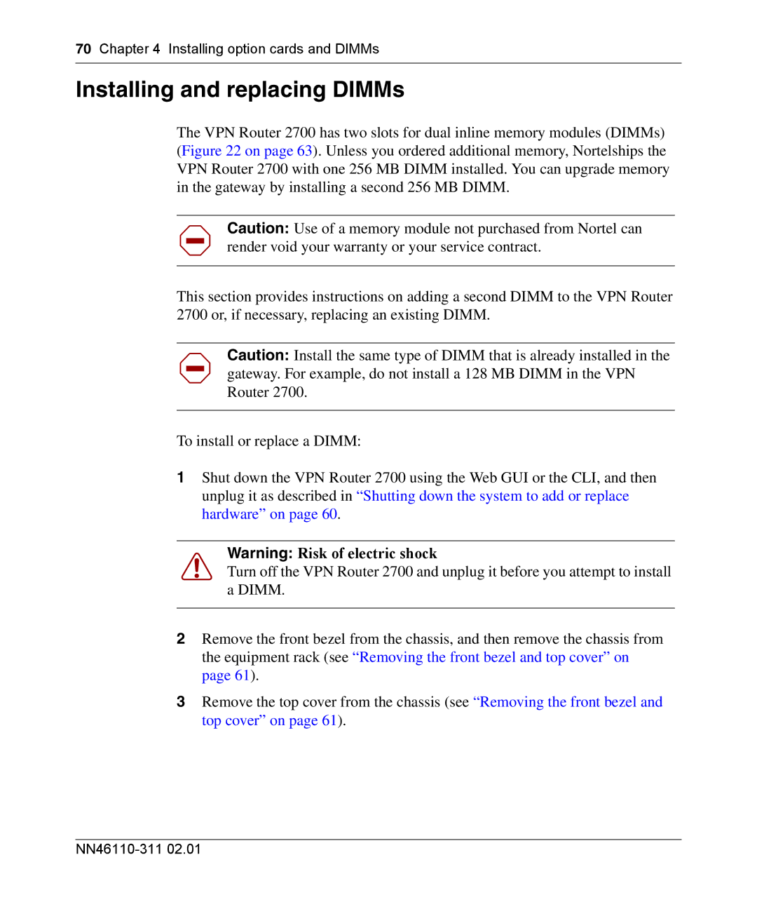 Nortel Networks 2700 manual Installing and replacing DIMMs 