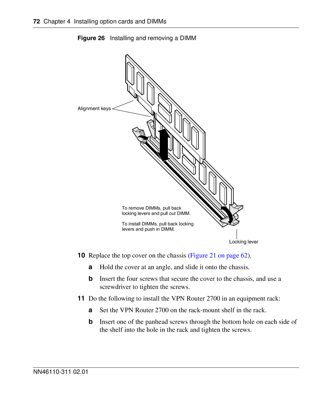 Nortel Networks 2700 manual Installing and removing a Dimm 