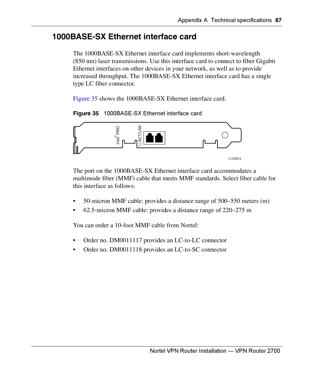 Nortel Networks 2700 manual 1000BASE-SX Ethernet interface card 