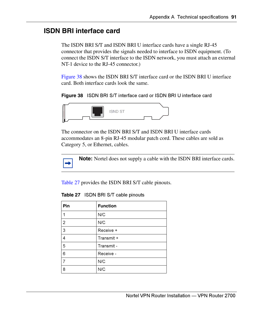 Nortel Networks 2700 manual Isdn BRI interface card, Isdn BRI S/T cable pinouts 