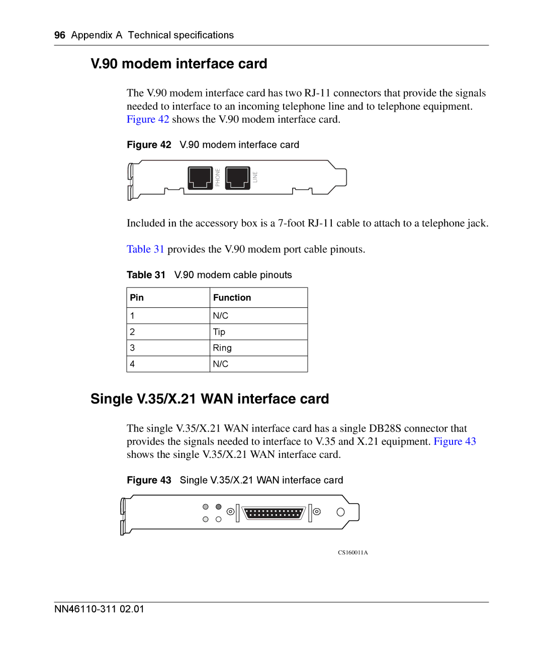 Nortel Networks 2700 manual Modem interface card, Single V.35/X.21 WAN interface card, modem cable pinouts 