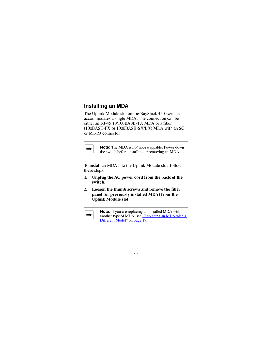 Nortel Networks 302403-B manual Installing an MDA 