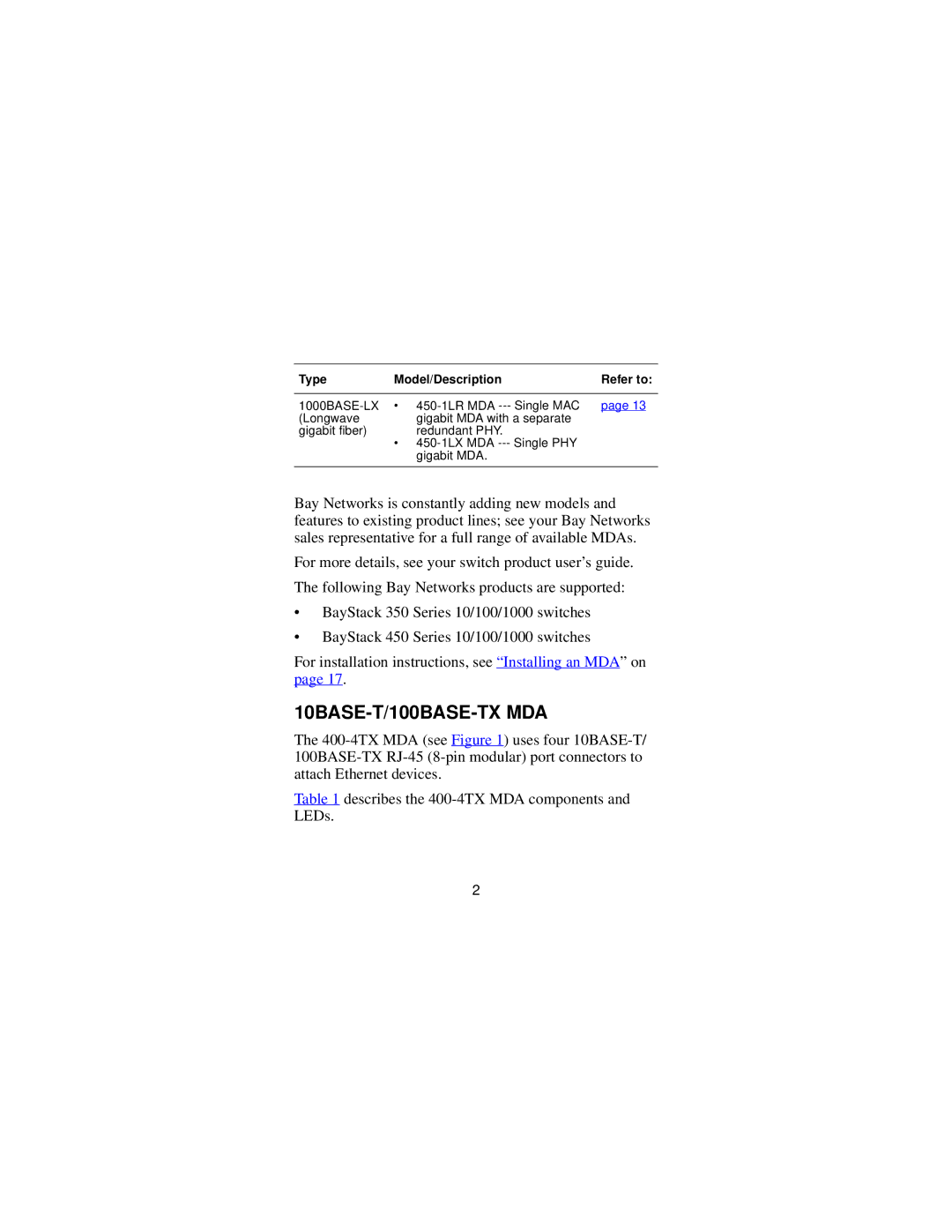 Nortel Networks 302403-B manual 10BASE-T/100BASE-TX MDA 