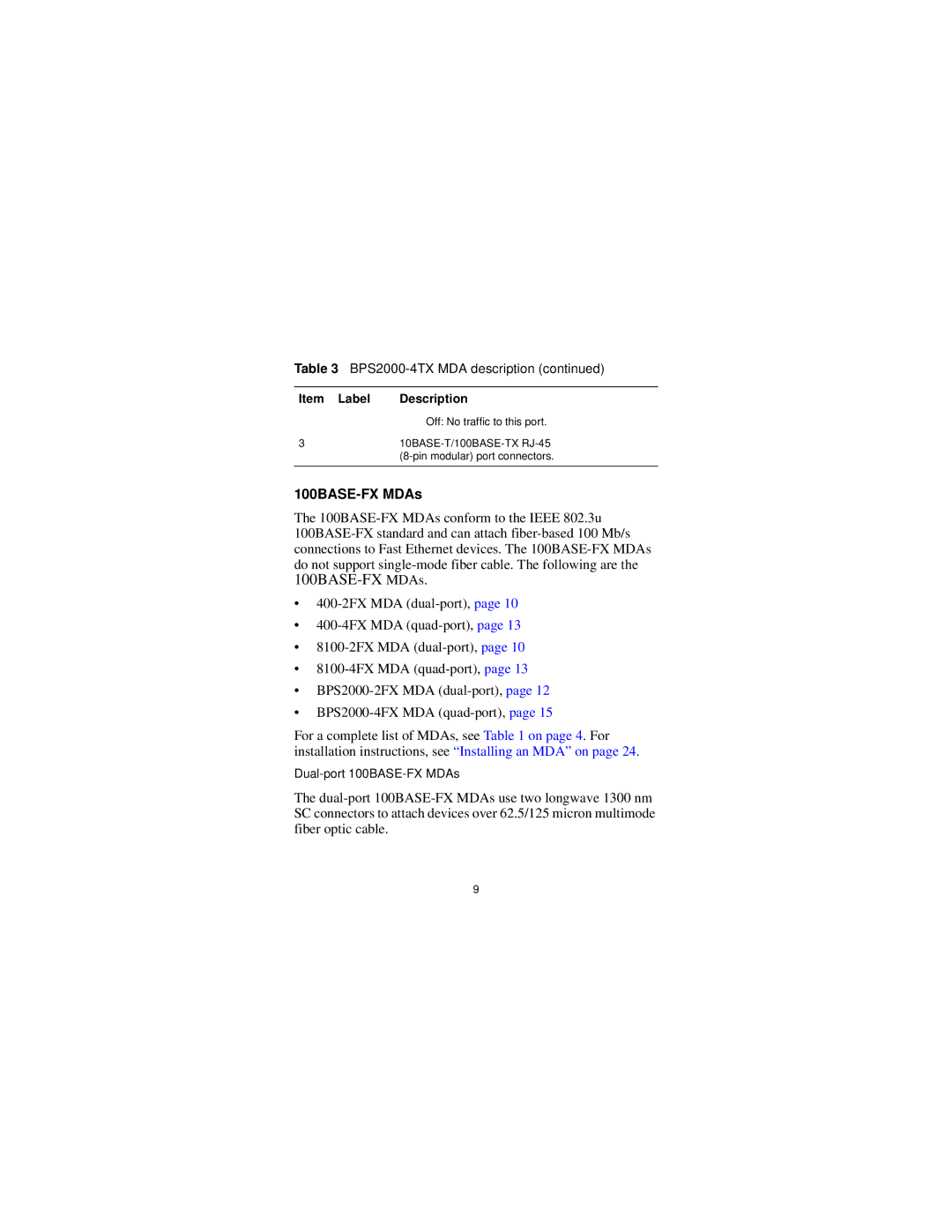 Nortel Networks 302403-G manual 100BASE-FX MDAs 