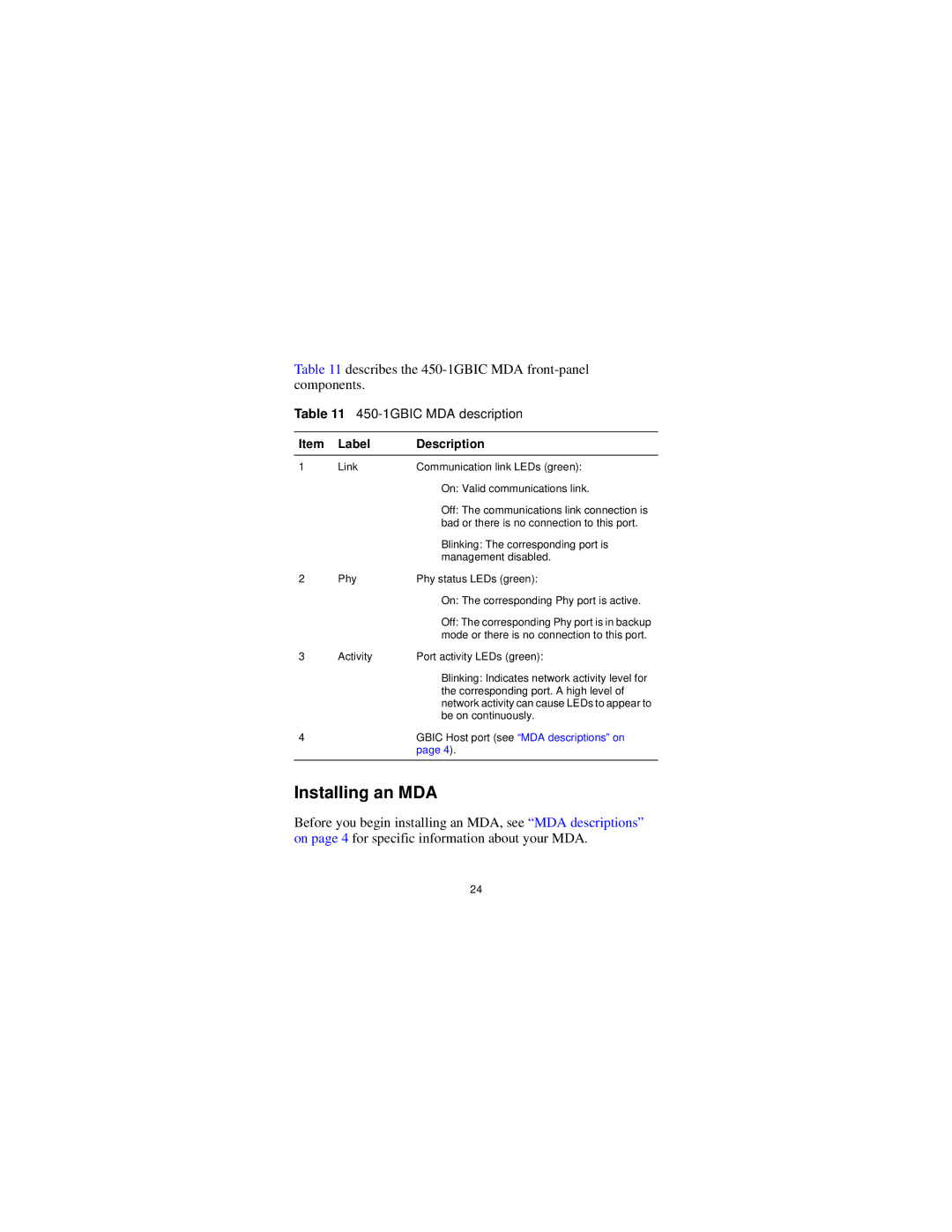 Nortel Networks 302403-G manual Installing an MDA, Describes the 450-1GBIC MDA front-panel components 