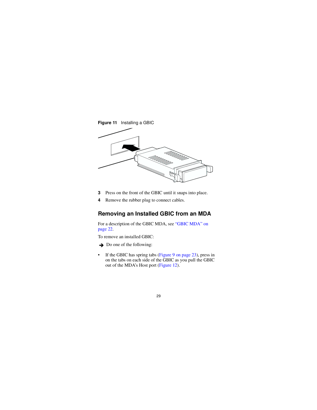 Nortel Networks 302403-G manual Removing an Installed Gbic from an MDA, Installing a Gbic 