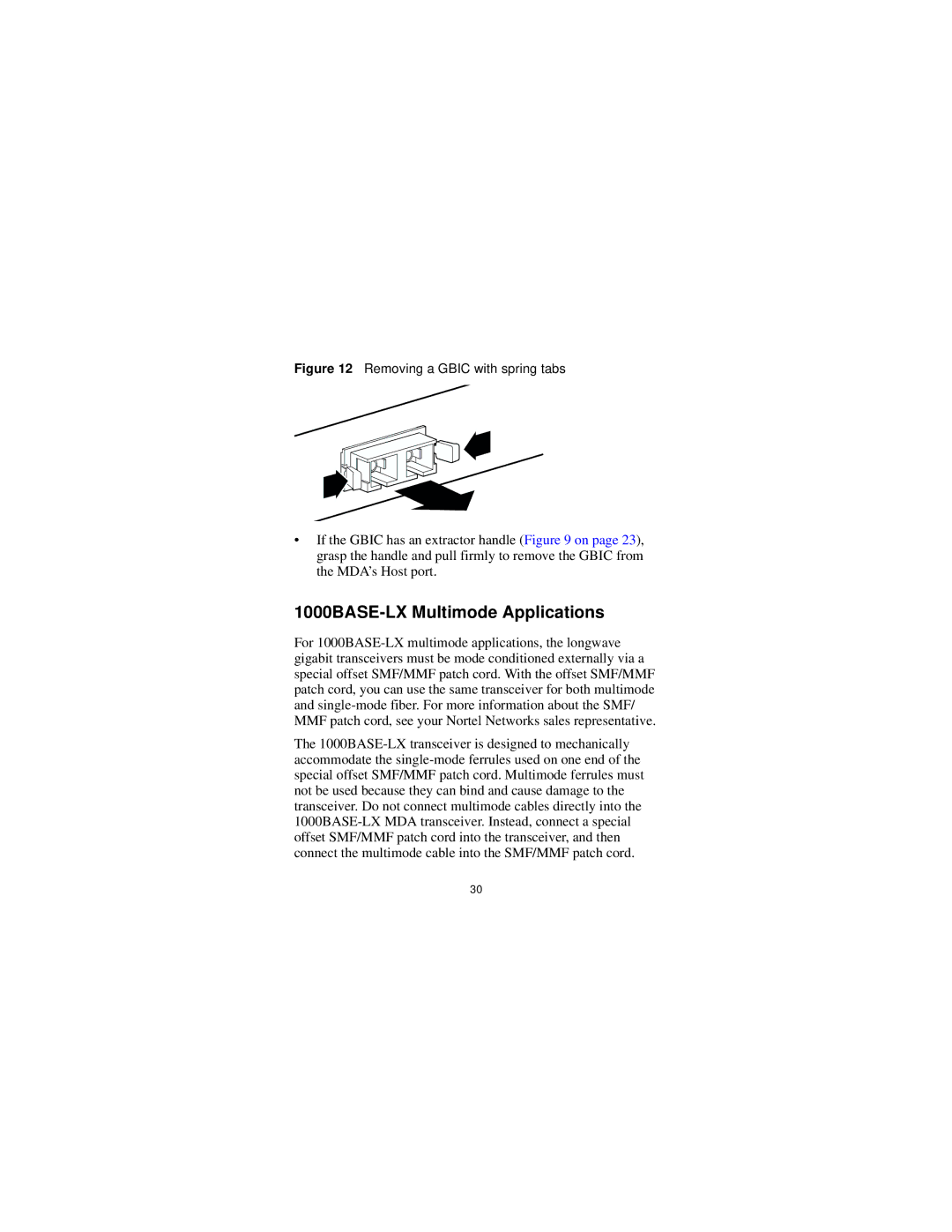 Nortel Networks 302403-G manual 1000BASE-LX Multimode Applications, Removing a Gbic with spring tabs 