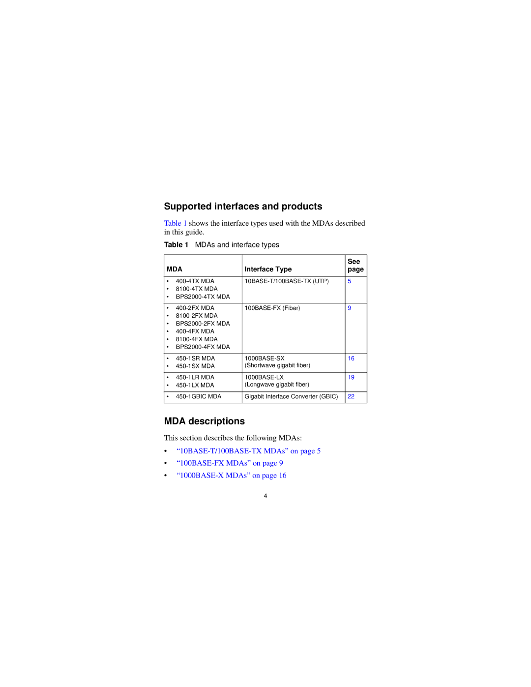 Nortel Networks 302403-G manual Supported interfaces and products, MDA descriptions 