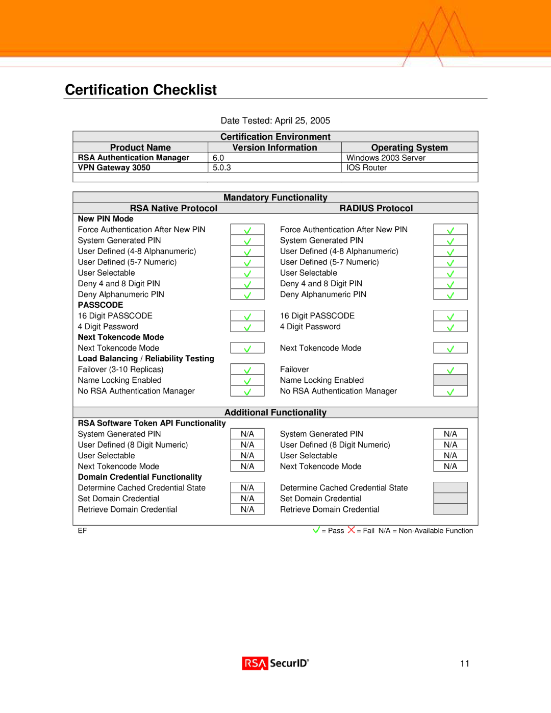 Nortel Networks 3050 manual Certification Checklist, Mandatory Functionality RSA Native Protocol Radius Protocol 