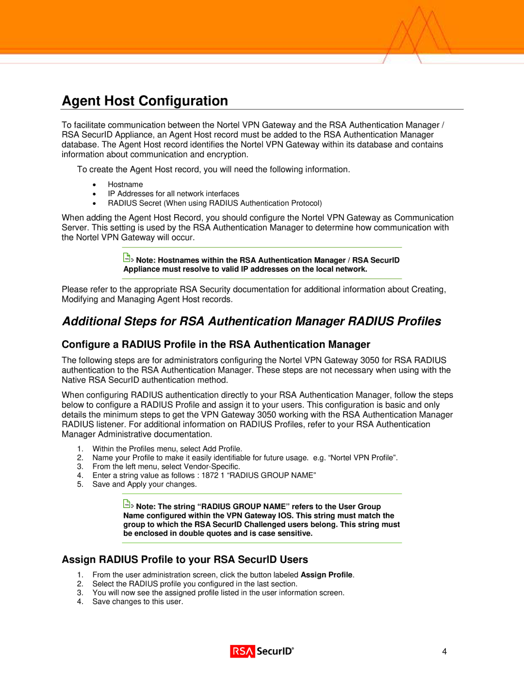 Nortel Networks 3050 manual Agent Host Configuration, Assign Radius Profile to your RSA SecurID Users 