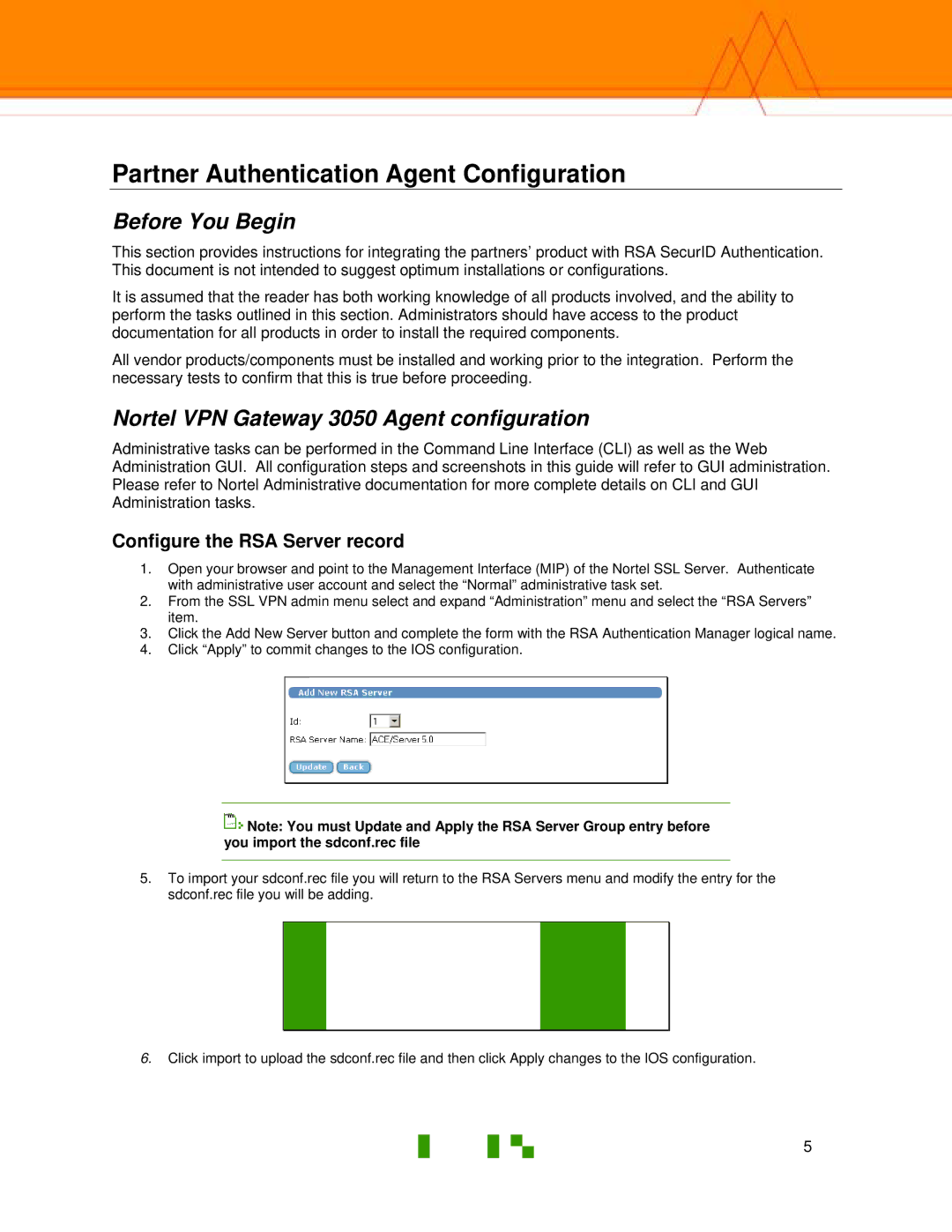 Nortel Networks 3050 manual Partner Authentication Agent Configuration, Configure the RSA Server record 