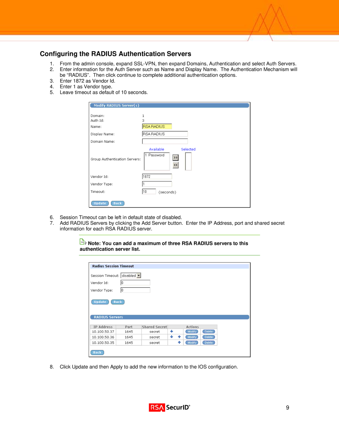 Nortel Networks 3050 manual Configuring the Radius Authentication Servers 