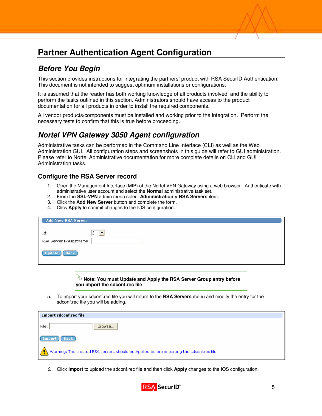 Nortel Networks 3050 manual Partner Authentication Agent Configuration, Configure the RSA Server record 