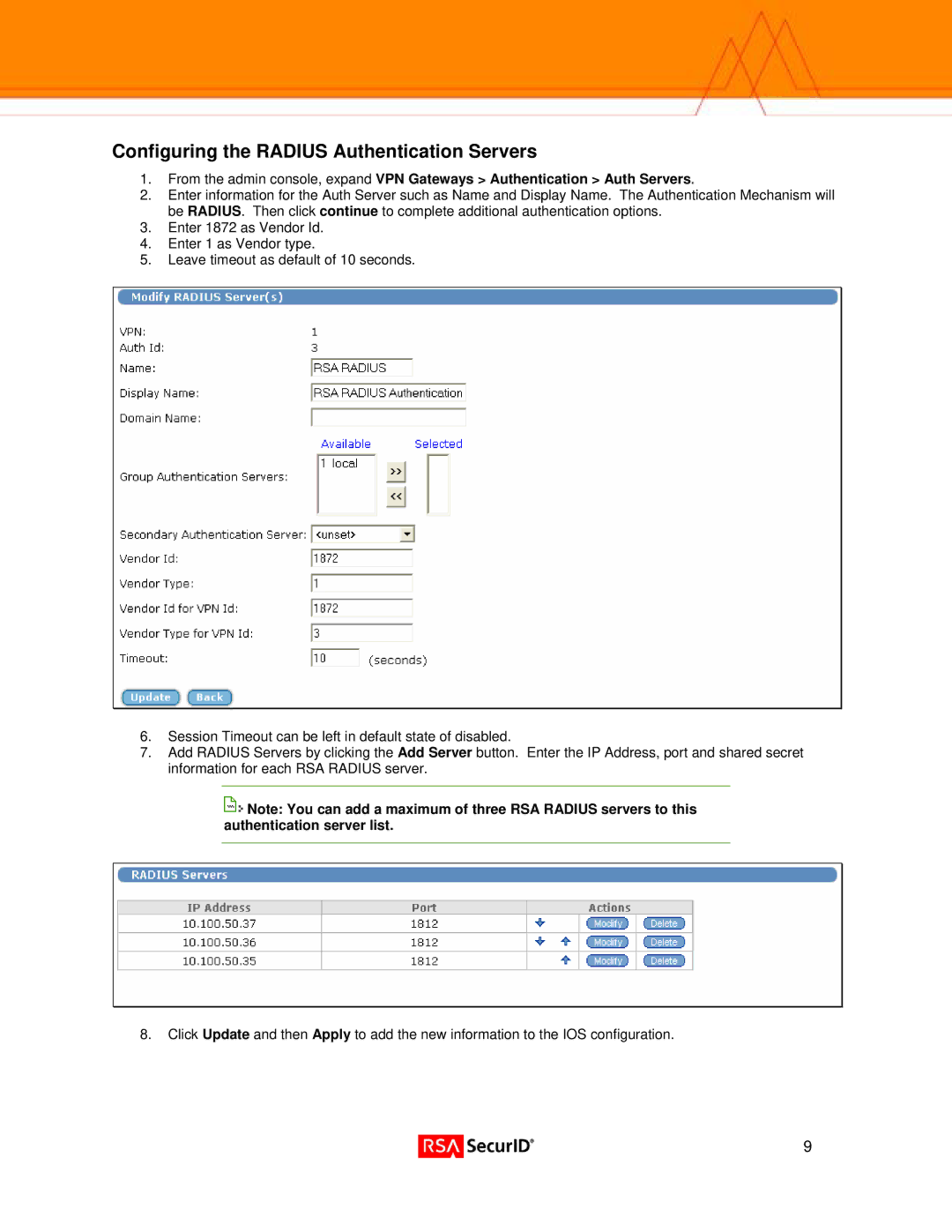 Nortel Networks 3050 manual Configuring the Radius Authentication Servers 