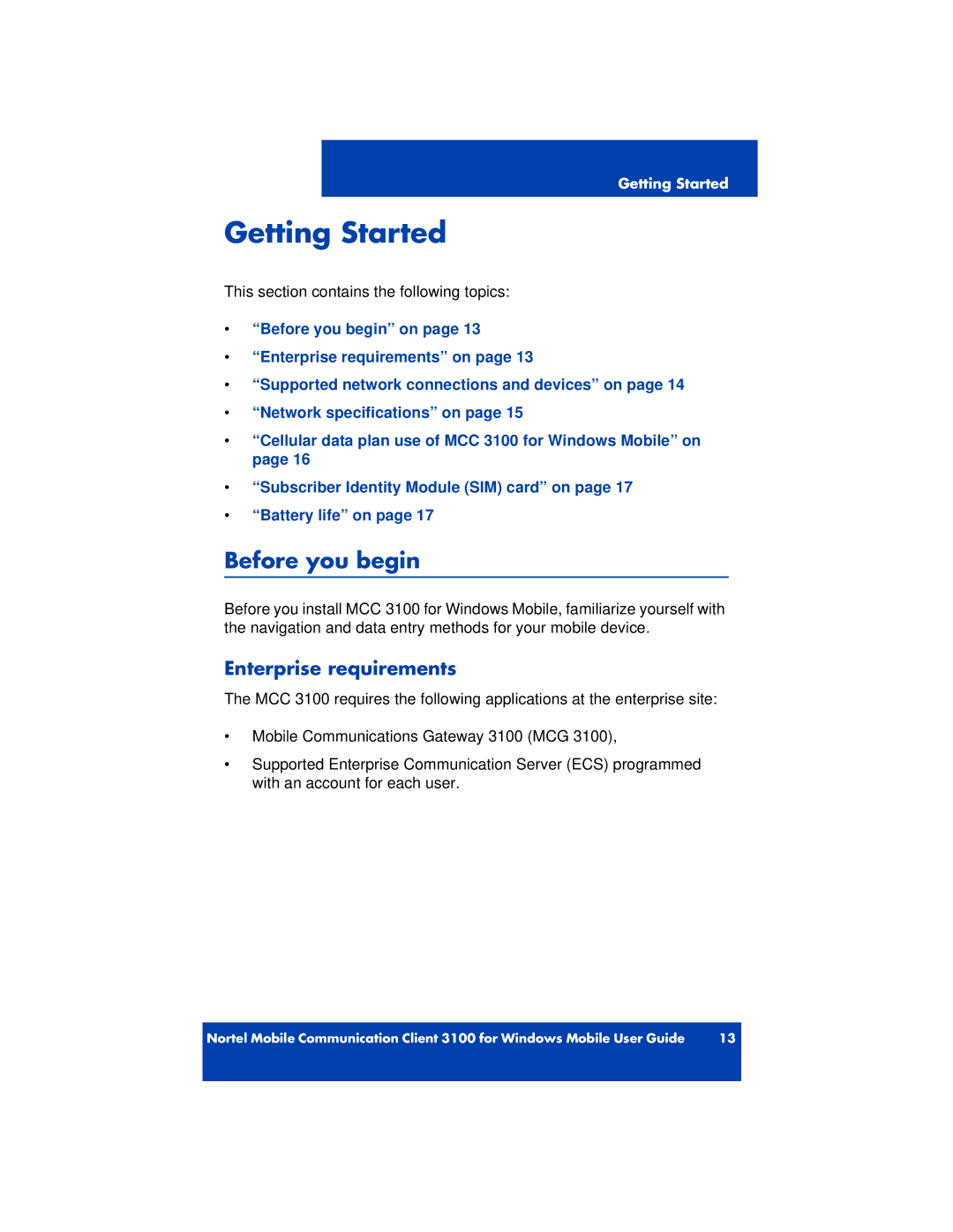 Nortel Networks 3100 manual Before you begin, Enterprise requirements 