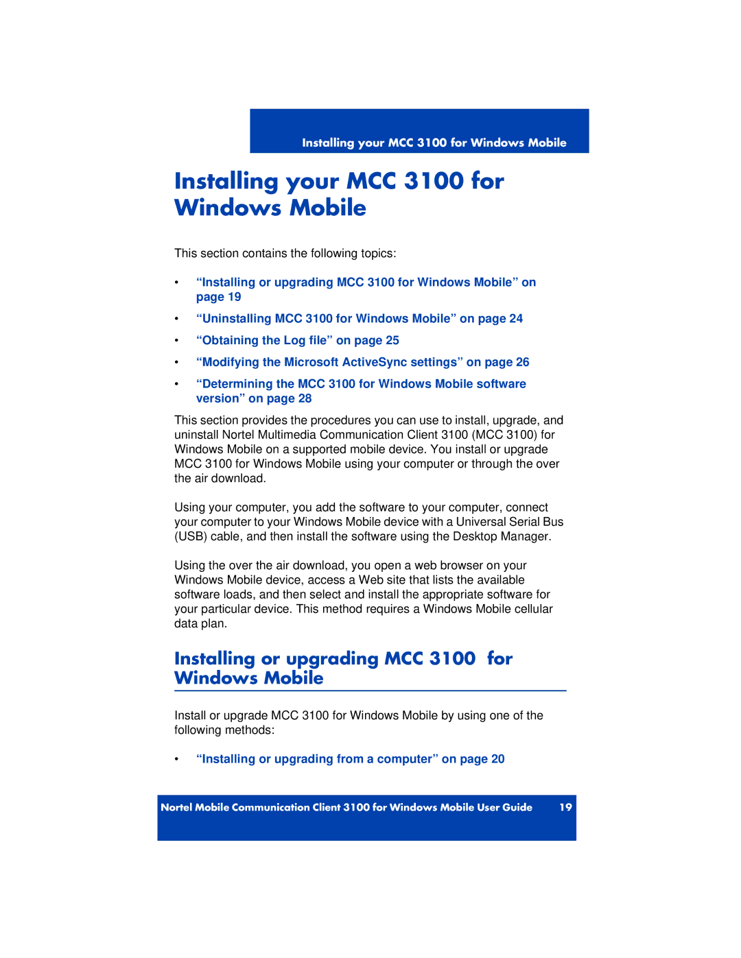 Nortel Networks manual Installing your MCC 3100 for Windows Mobile, Installing or upgrading MCC 3100 for Windows Mobile 