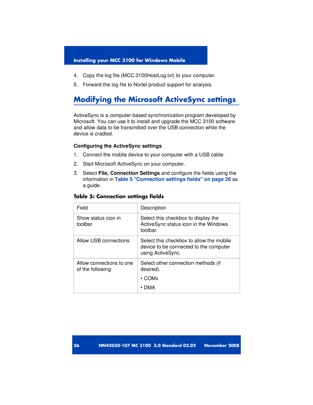 Nortel Networks 3100 manual Modifying the Microsoft ActiveSync settings, Configuring the ActiveSync settings 