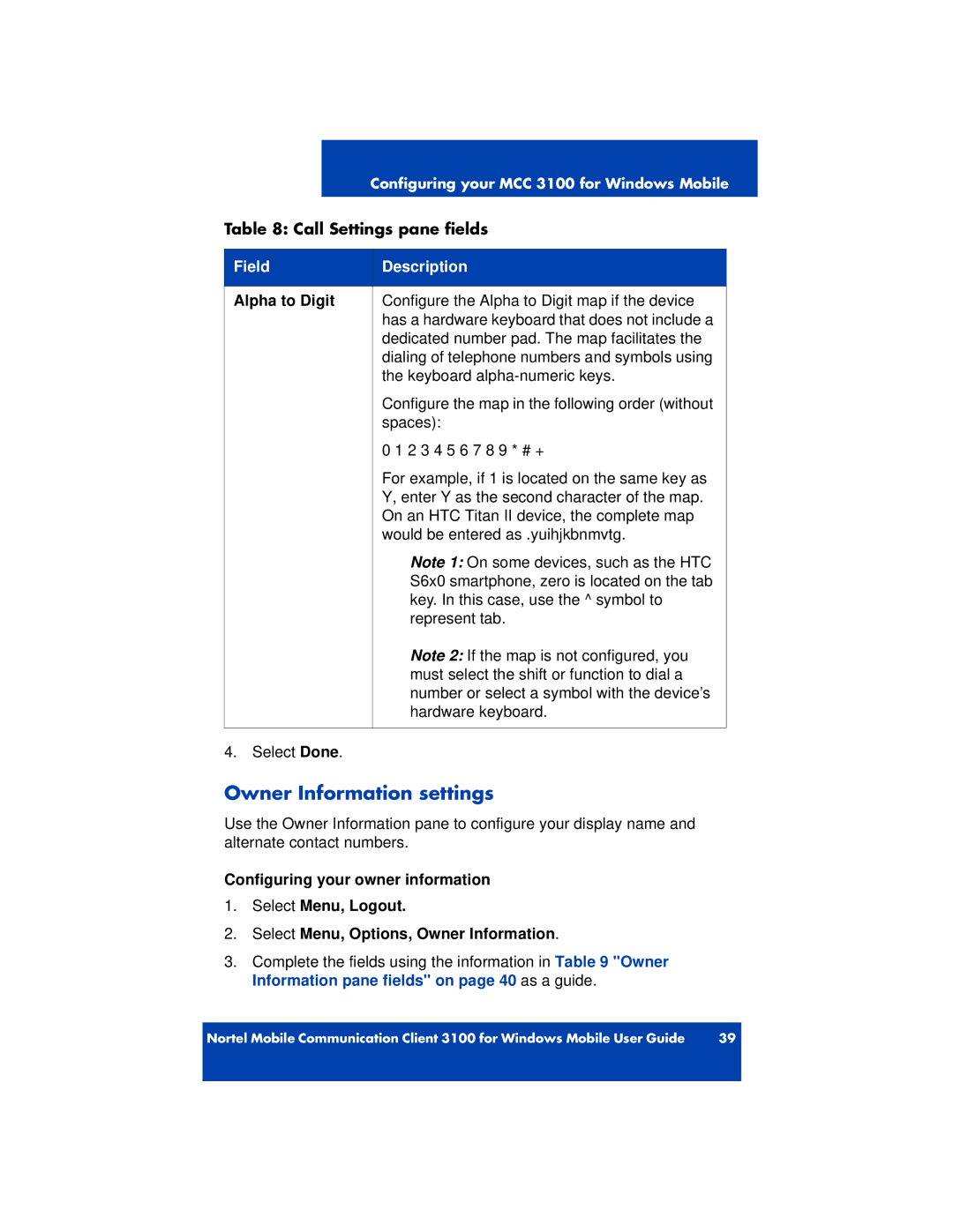 Nortel Networks 3100 manual Owner Information settings, Alpha to Digit 