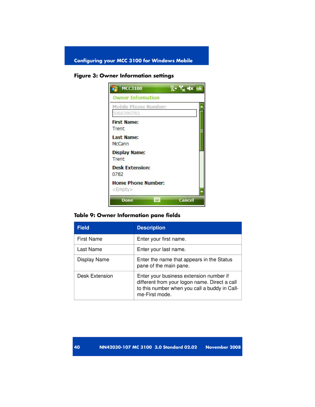 Nortel Networks 3100 manual Owner Information settings Owner Information pane fields 