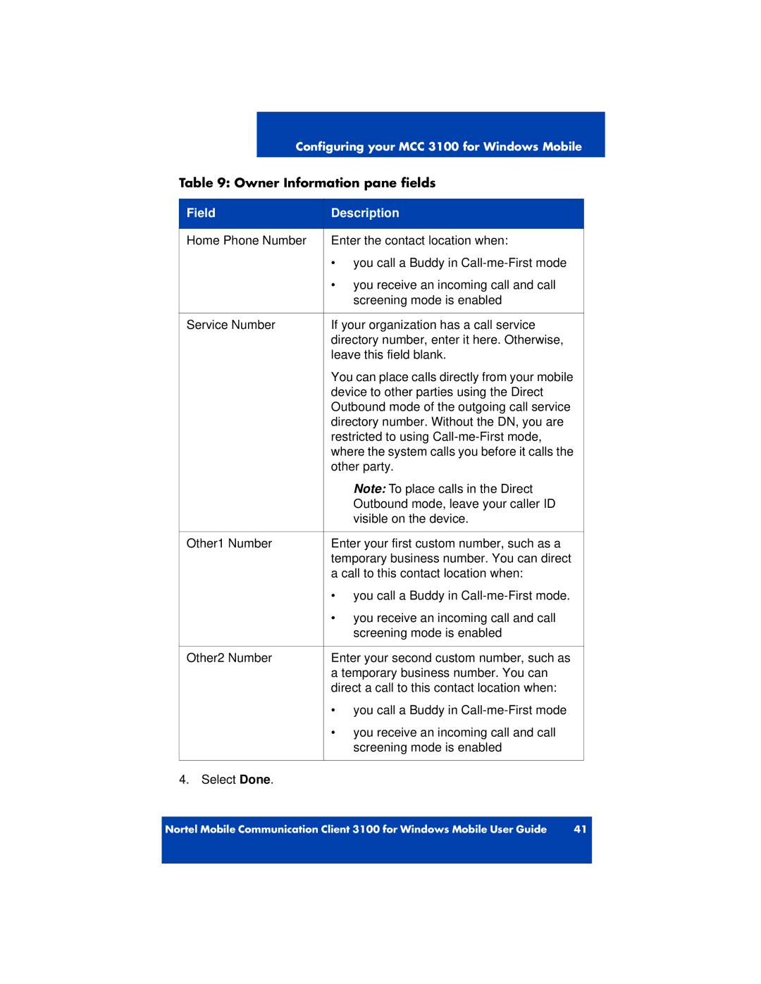 Nortel Networks 3100 manual Field Description 