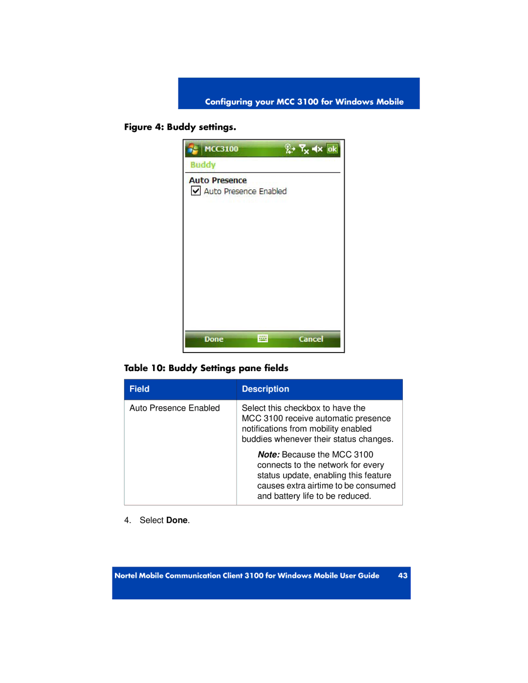 Nortel Networks 3100 manual Buddy settings Buddy Settings pane fields, FieldDescription 