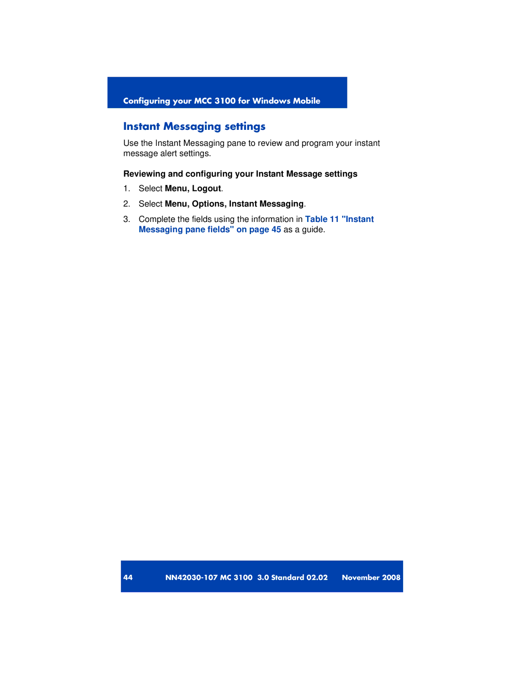 Nortel Networks 3100 manual Instant Messaging settings 