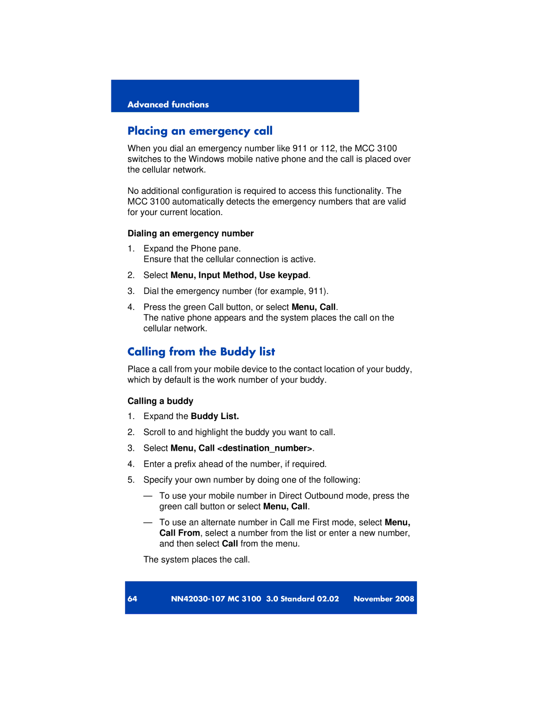 Nortel Networks 3100 Placing an emergency call, Calling from the Buddy list, Dialing an emergency number, Calling a buddy 