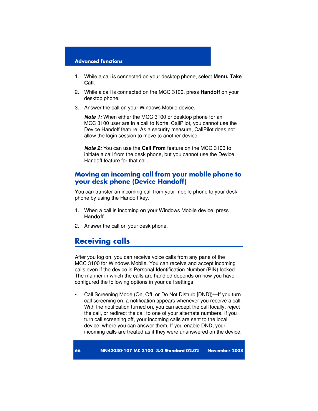 Nortel Networks 3100 manual Receiving calls 