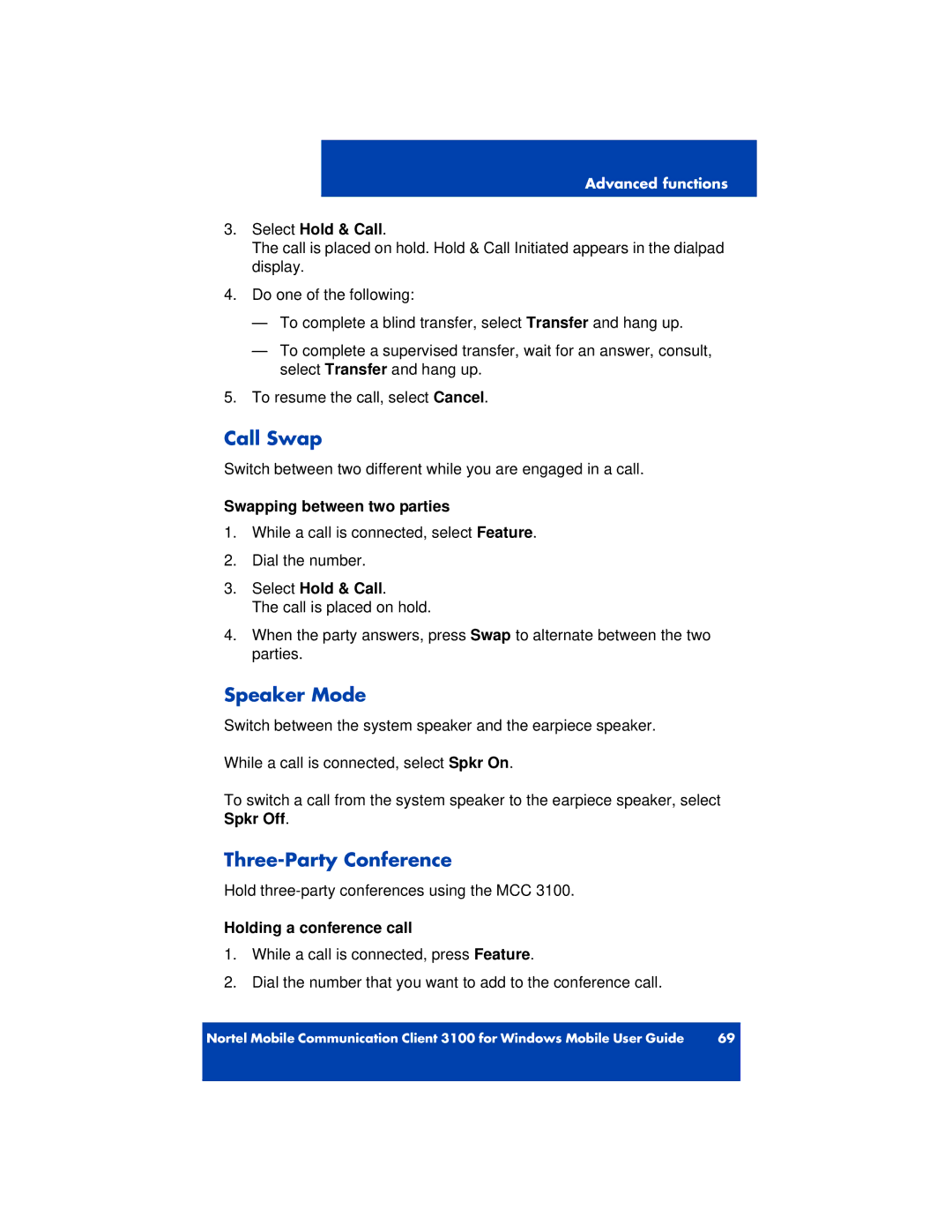 Nortel Networks 3100 manual Call Swap, Speaker Mode, Three-Party Conference 