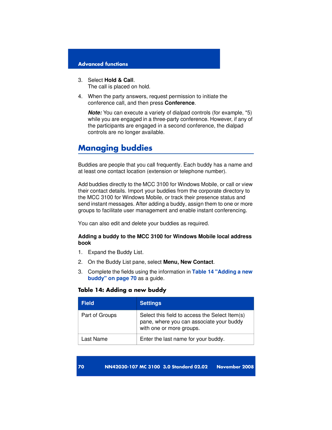 Nortel Networks 3100 manual Managing buddies, Adding a new buddy, Field Settings 