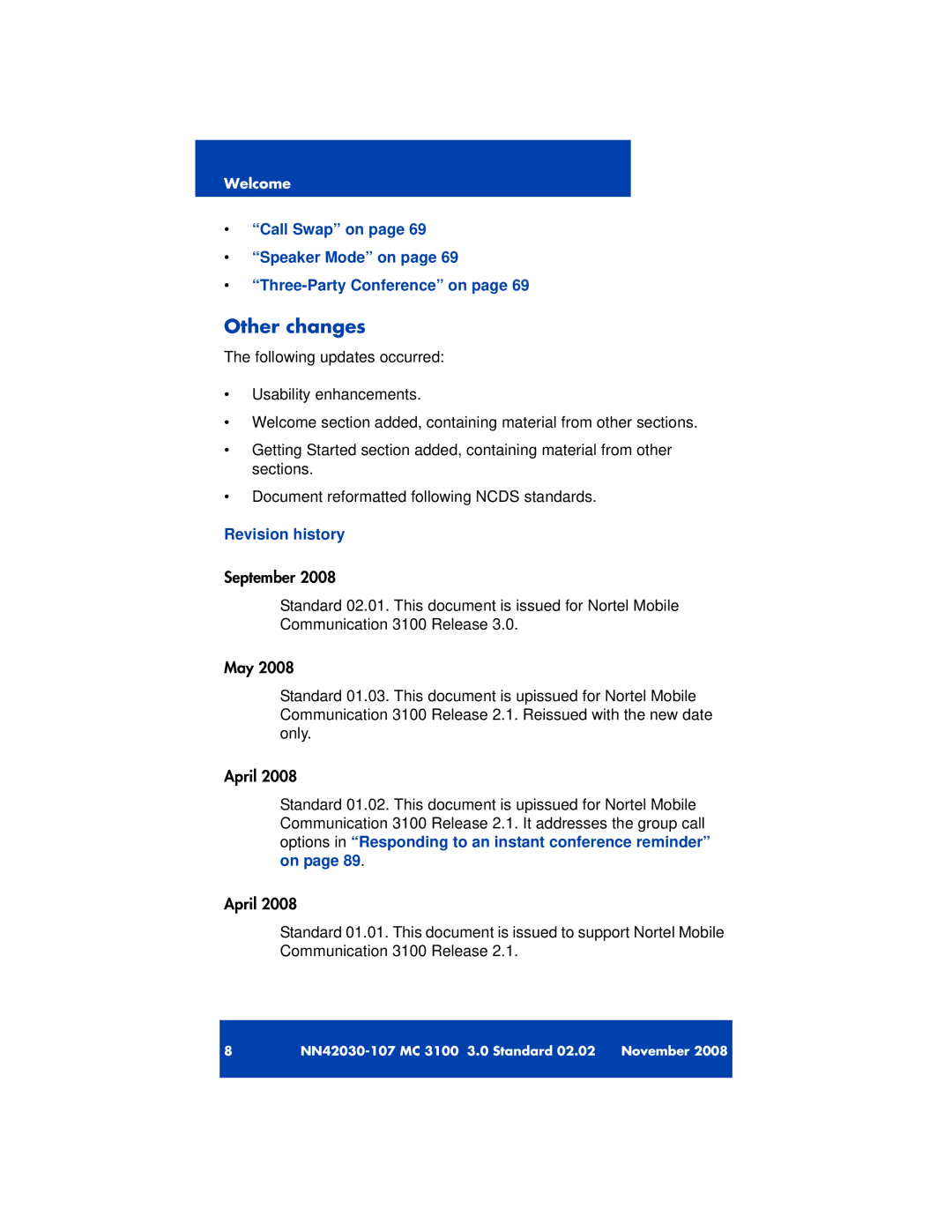 Nortel Networks 3100 manual Other changes, Revision history 