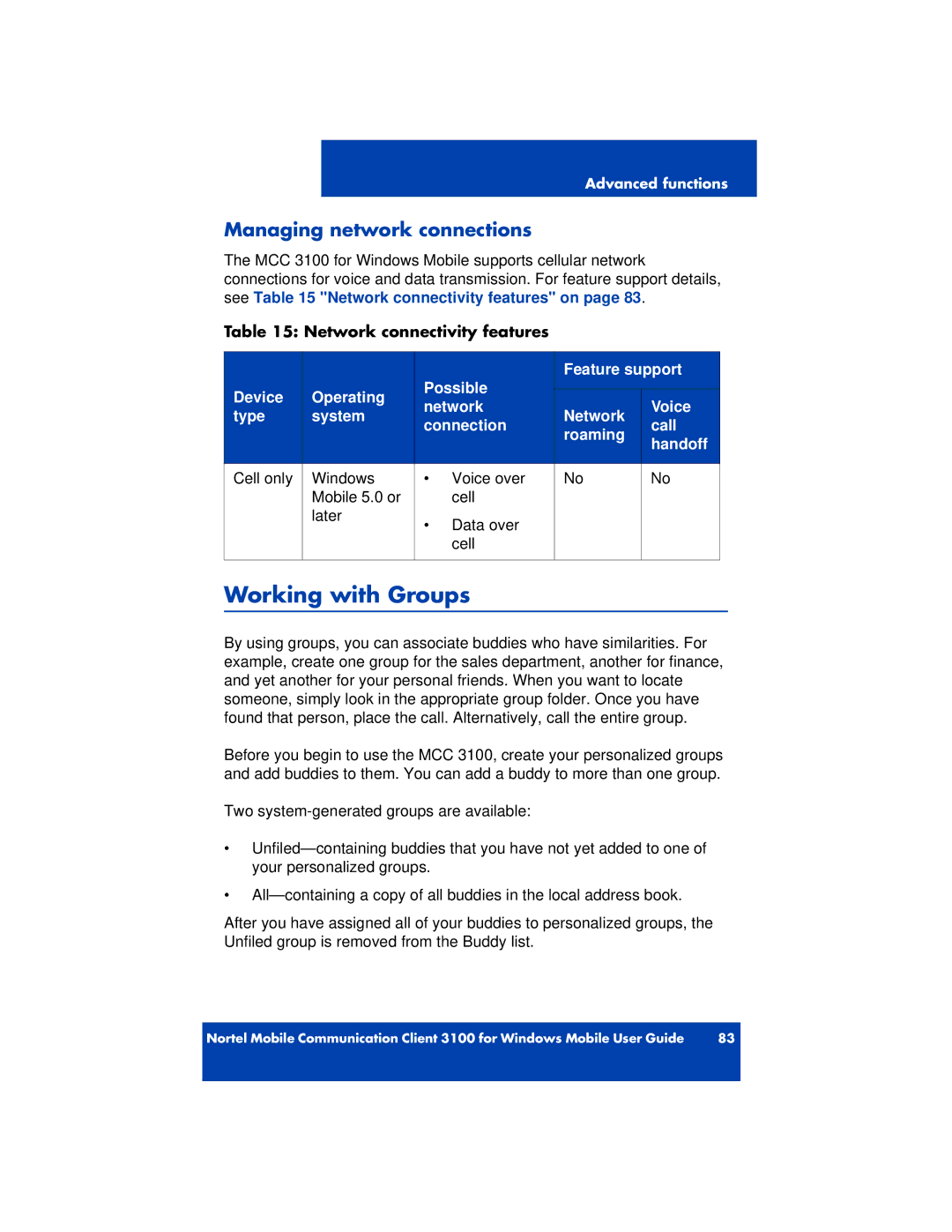 Nortel Networks 3100 manual Working with Groups, Managing network connections, Network connectivity features 