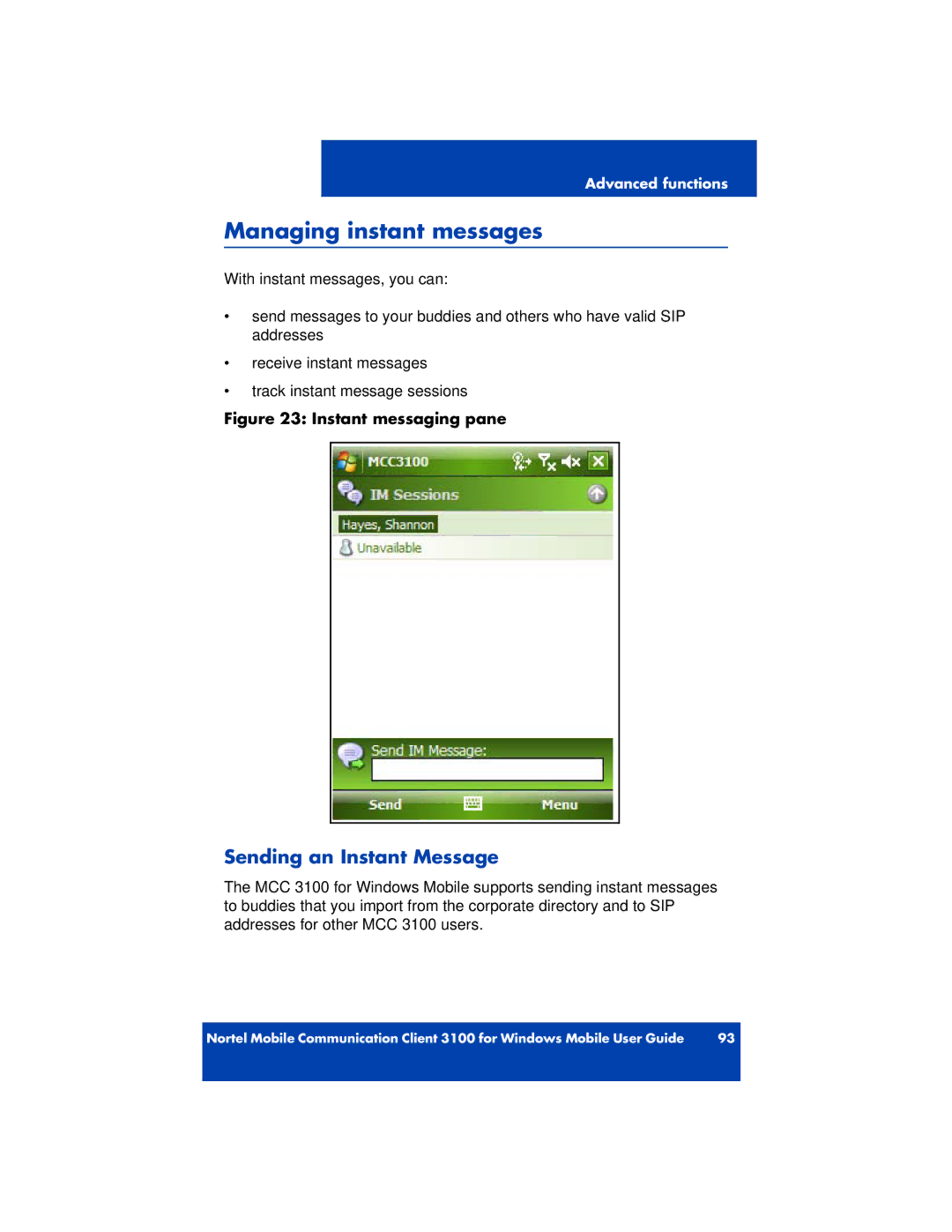 Nortel Networks 3100 manual Managing instant messages, Sending an Instant Message 