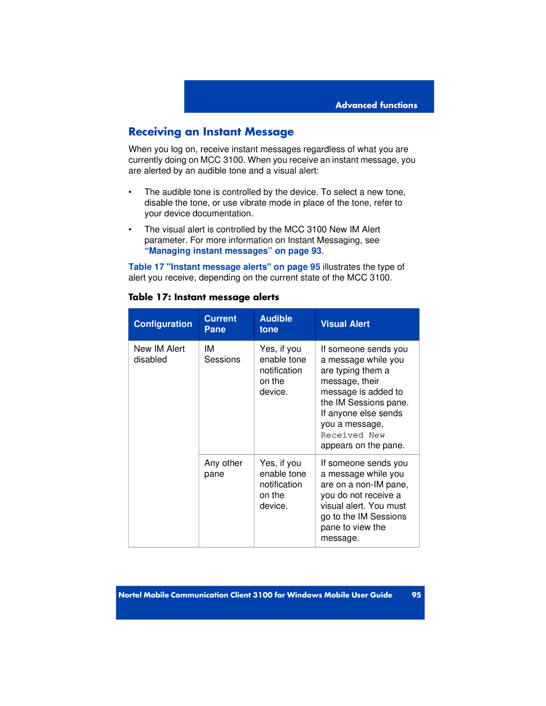 Nortel Networks 3100 manual Receiving an Instant Message, Instant message alerts 