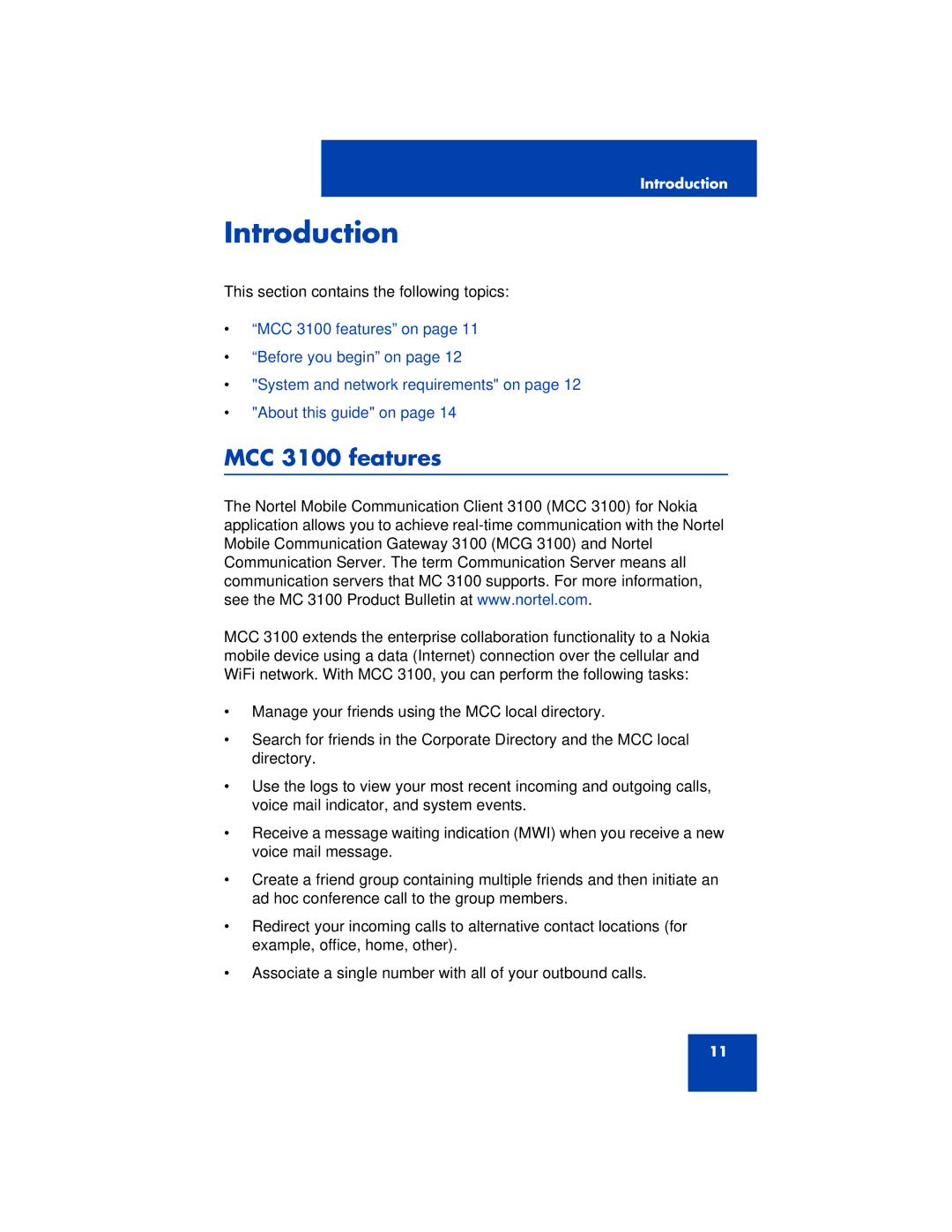 Nortel Networks manual Introduction, MCC 3100 features 