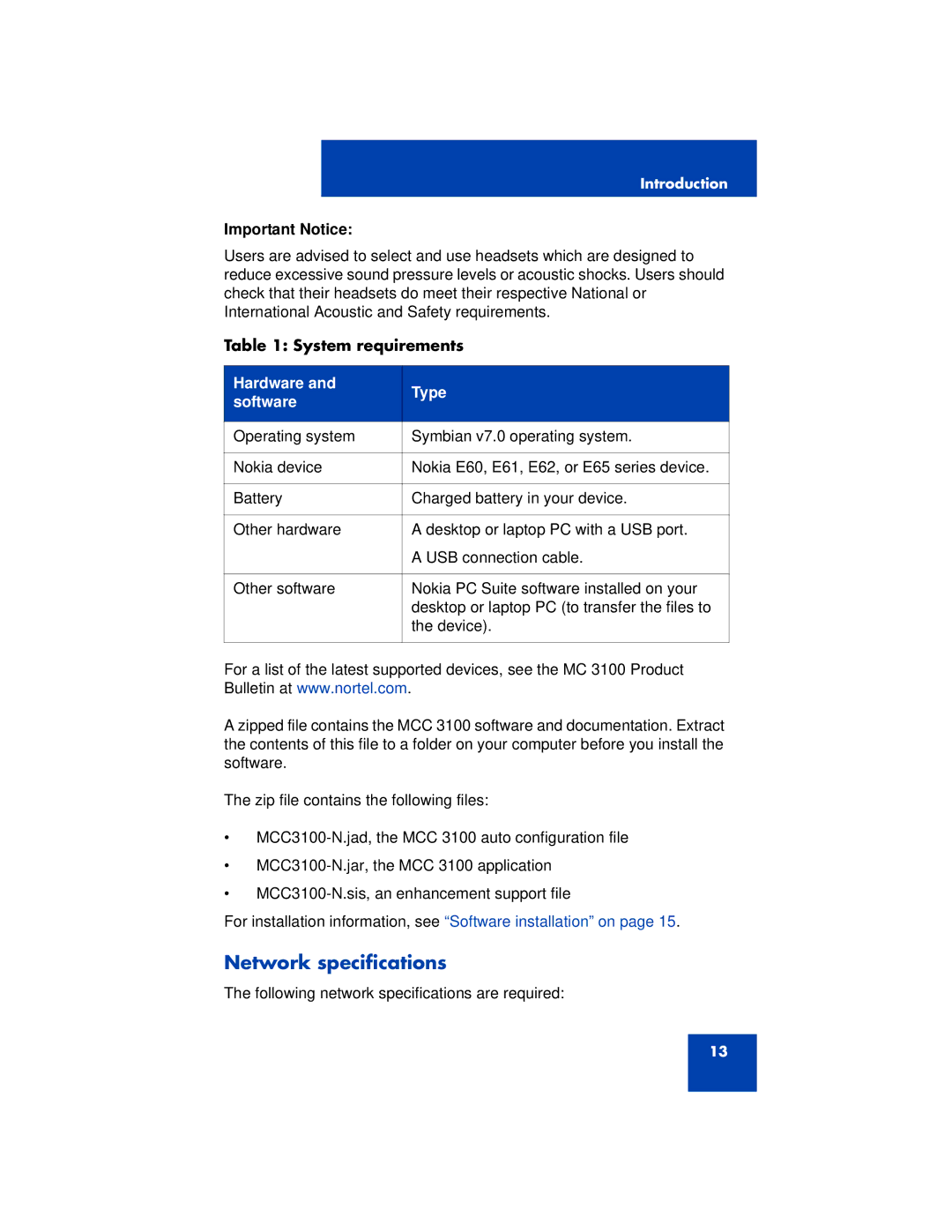 Nortel Networks 3100 manual Network specifications, Important Notice, System requirements 