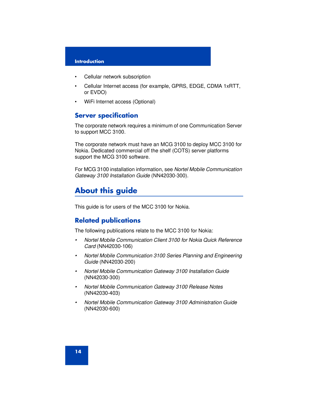 Nortel Networks 3100 manual About this guide, Server specification, Related publications 