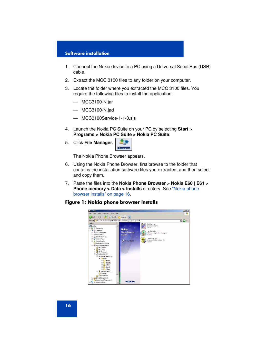 Nortel Networks 3100 manual Click File Manager, Nokia phone browser installs 