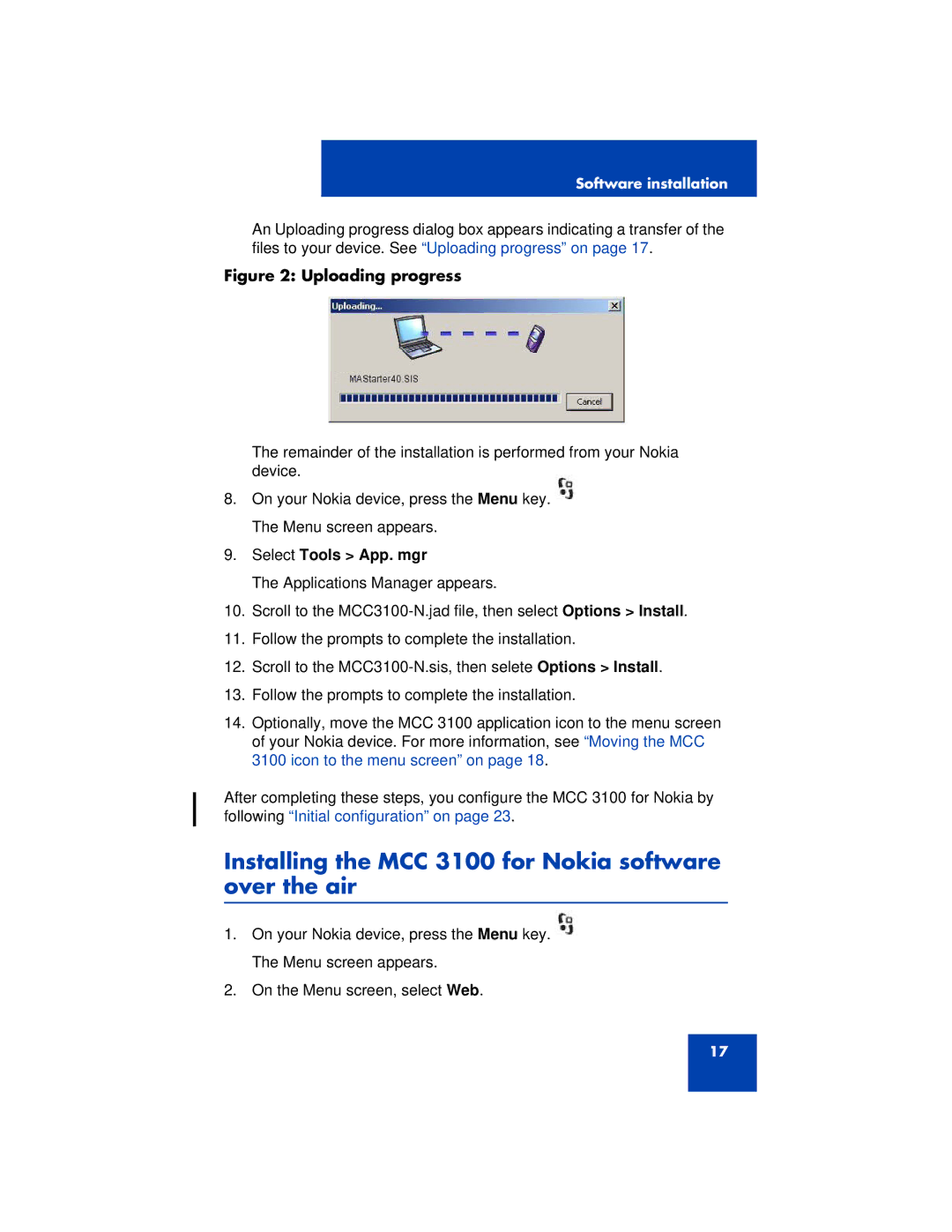 Nortel Networks manual Installing the MCC 3100 for Nokia software over the air, Select Tools App. mgr 