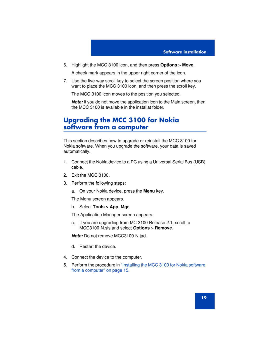 Nortel Networks manual Upgrading the MCC 3100 for Nokia software from a computer 