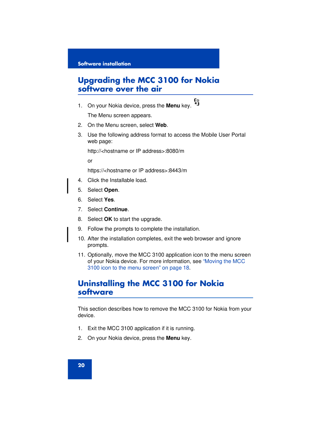 Nortel Networks Upgrading the MCC 3100 for Nokia software over the air, Uninstalling the MCC 3100 for Nokia software 