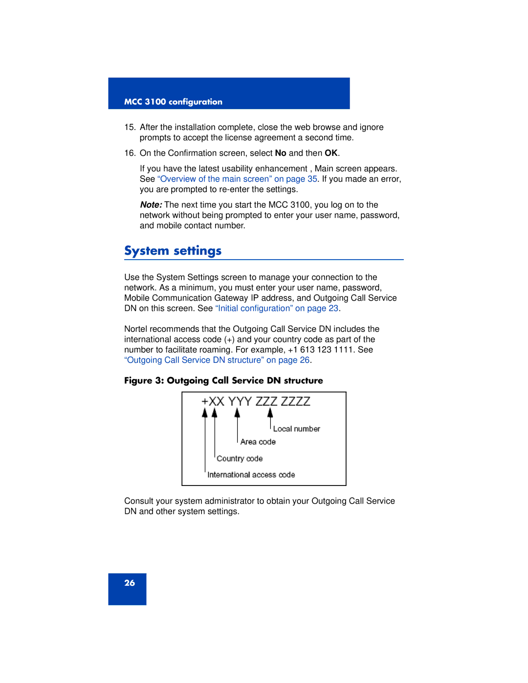 Nortel Networks 3100 manual System settings, Outgoing Call Service DN structure 